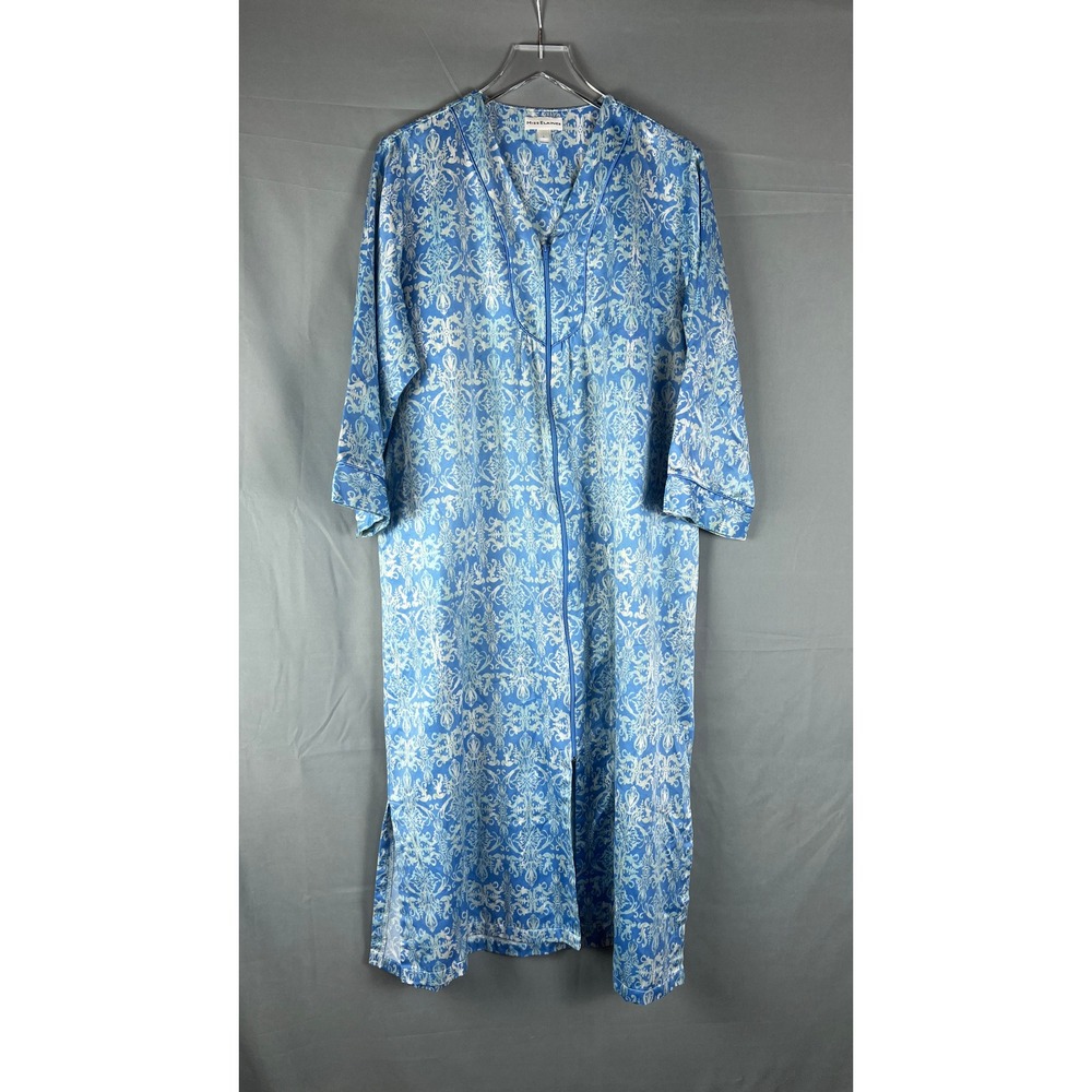 Miss Elaine Duster Robe Women Large Blue White Paisley Print Zip Front Side Slit